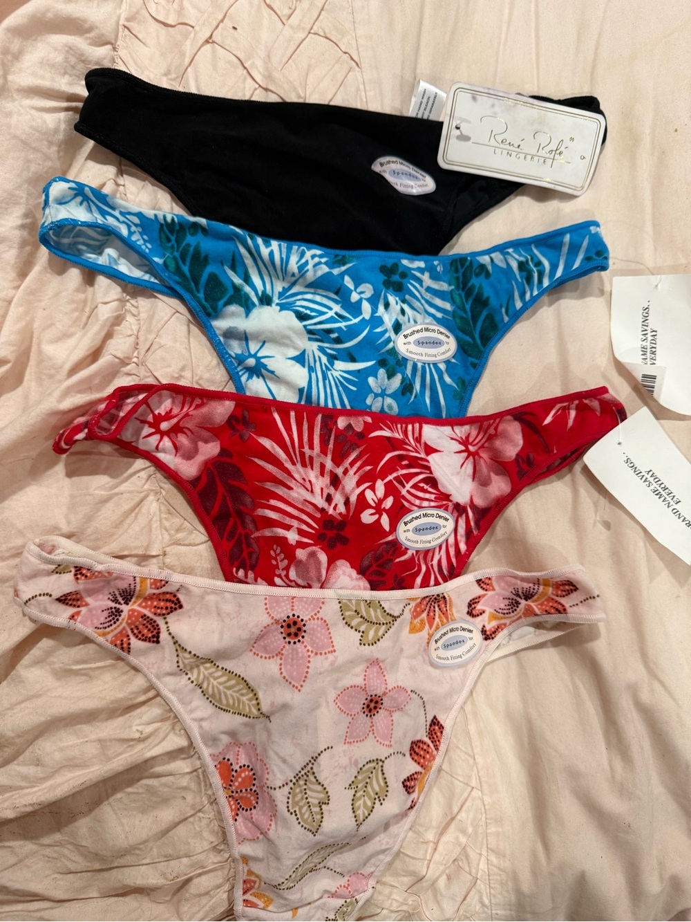 NWT Rene Rofe Pack of Floral & Solid Bikini Thongs - Black, Blue, Red, Pink